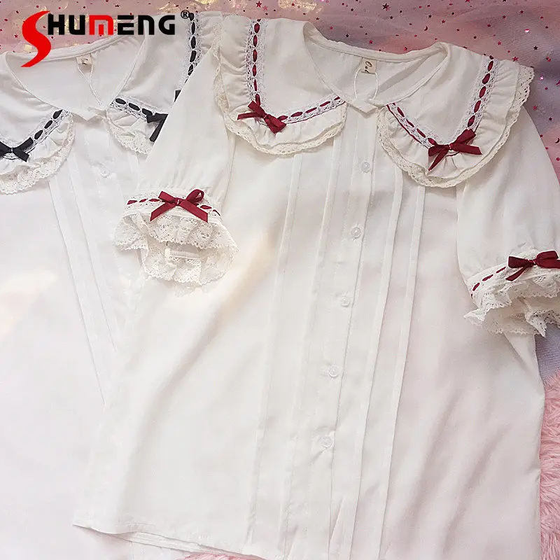 

2026 Summer Japanese Sweet Cute Soft Girl Lace Bow Doll Collar Short Sleeve Single-breasted Versatile Lolita Shirt Top for Women