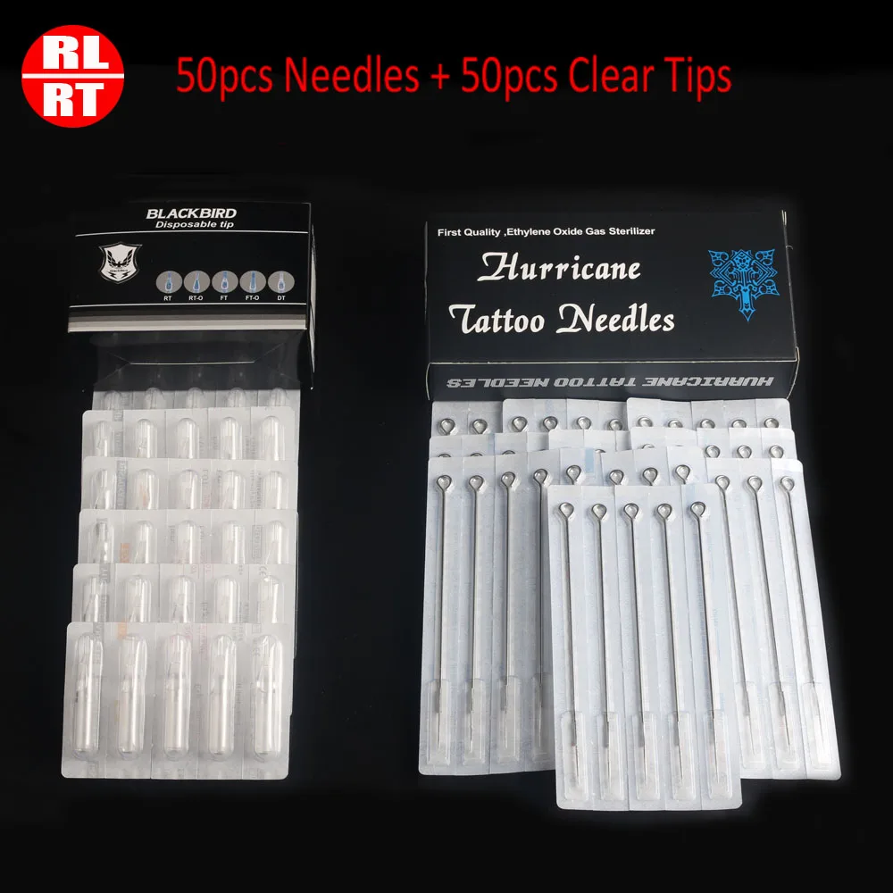 

50PCS 3RL 5RL 7RL 9RL 11RL Size Tattoo Needles + 50PCS 3/5/7/9/11RT Size Clear Disposable Tattoo Tips Tattoo Kit