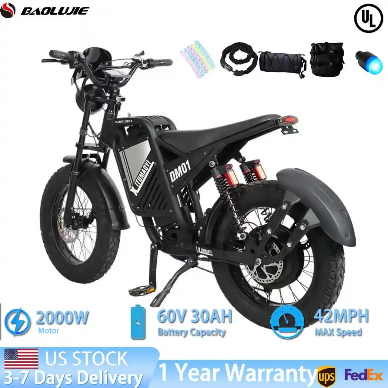 

BAOLUJIE DM01 Moto Electric Bicycle 2000W 60V30AH Battery 42 MPH Long Rang 62 Miles E-Bike Electric Motorcycle【1 Year Warranty】