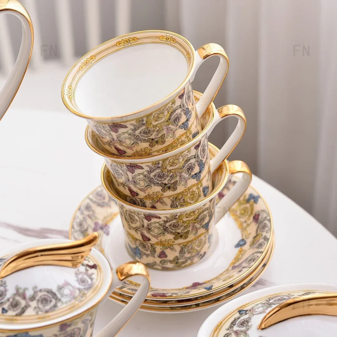 Customized New Design European Luxury Angel Porcelain Bone China Coffee Set with Gold Handle