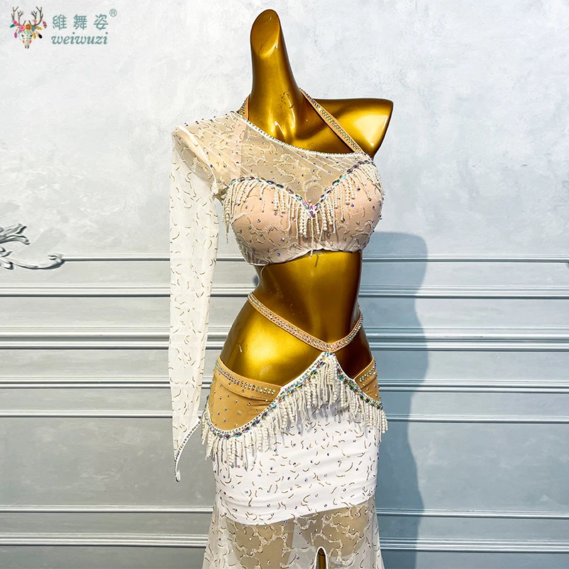 Belly Dancer เครื่องแต่งกายสําหรับสตรีอาวุโส AB หิน Bra แขนยาว + กระโปรงชีฟองยาวผู้ใหญ่ Oriental เต้นรําชุด