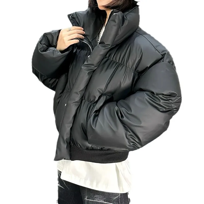 معطف أمريكي عالي الشارع عالي الجودة فضفاض ودافئ، شتوي سميك بياقة واقفة، سترة قصيرة وسيم، ملابس نسائية