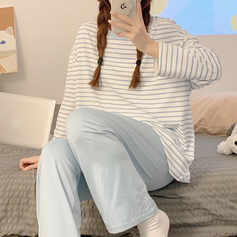 

Korean Pyjama Pour Femme Striped Leisure Pajamas Ladies Spring Autumn Long Sleeve Home Service Pant Suit Women's Pijamas Set