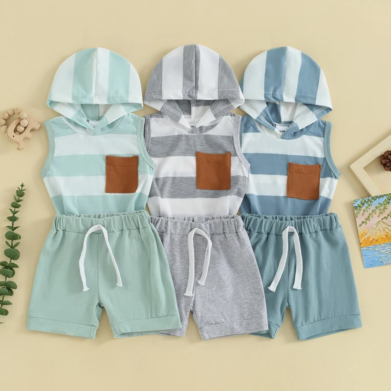 SUNSIOM 2 PCS Baby Boy Outfits Striped Sleeveless Hooded Tank Tops and Elastic Waist Shorts Set Summer Clothes