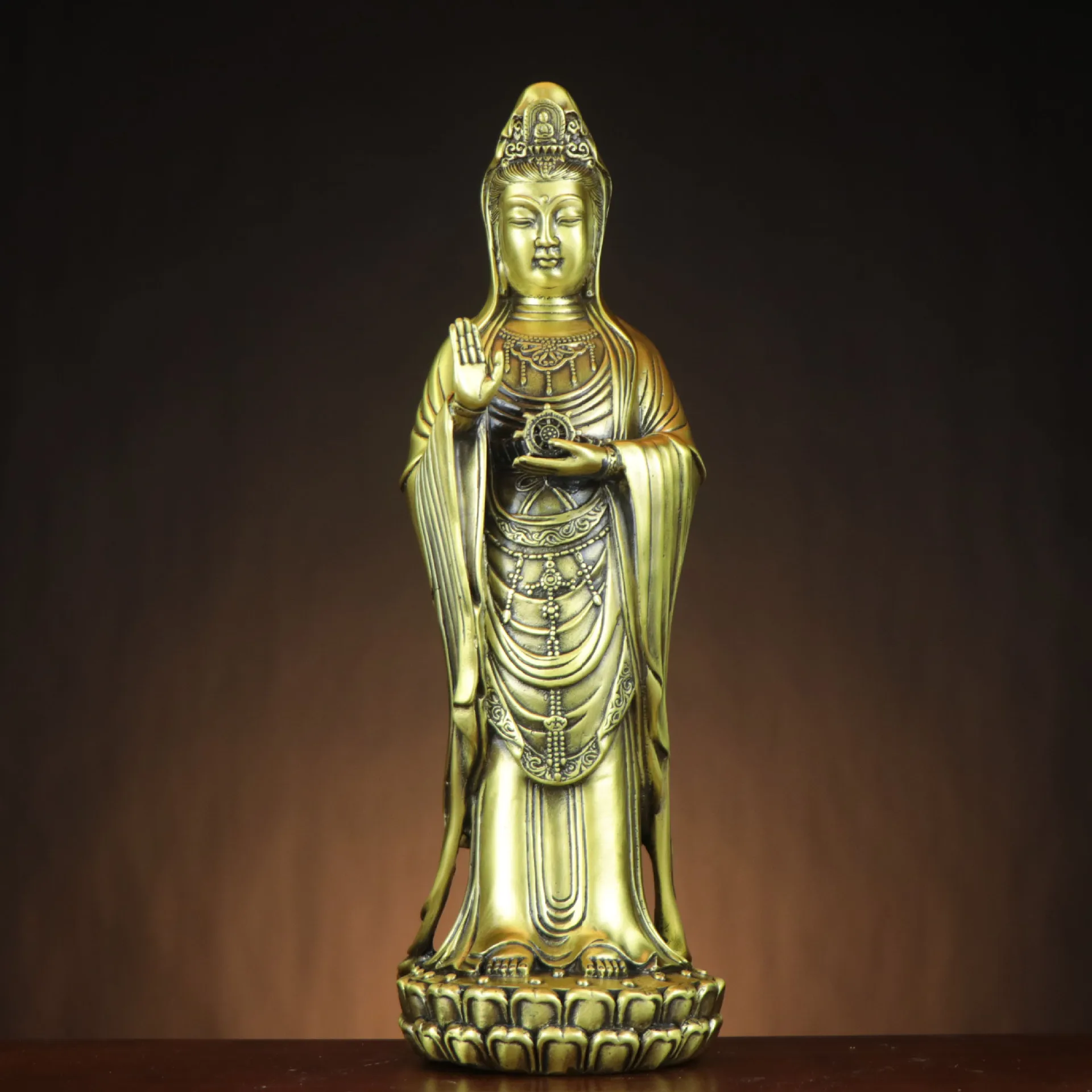 PYH Brass Guanyin Nanhai Guanyin Bodhisattva Buddha Statue Double Lotus Guanyin Buddha Statue Putuo