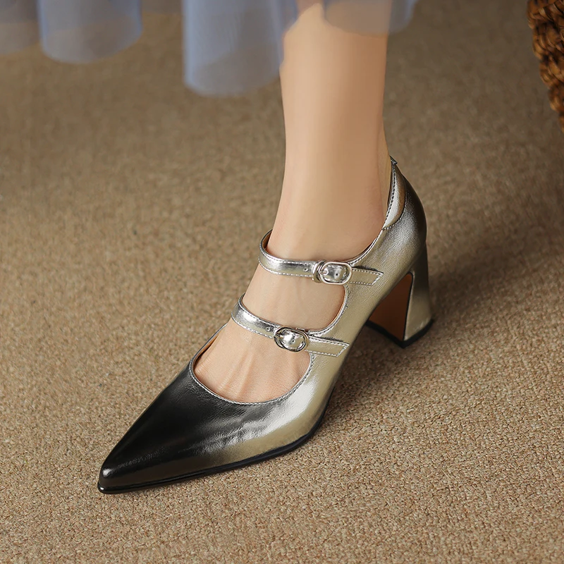 2024 New Retro Style Women Pumps High Heels Mary Janes Shoes Woman Spring Genuine Leather Pointed Toe Casual Lady Party Shoes