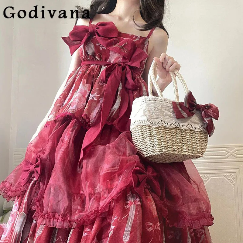 로리타 무대 JSK 보우 레드 서스펜더 드레스 여성 민소매 빅 스윙 크리스마스 드레스 여성 파티 코스프레 드레스