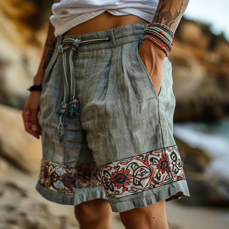 Casual Lace-up Drawstring Mens Shorts Summer Daily Leisure Breathable Loose Shorts Men Vintage Florals Printed Patchwork Shorts