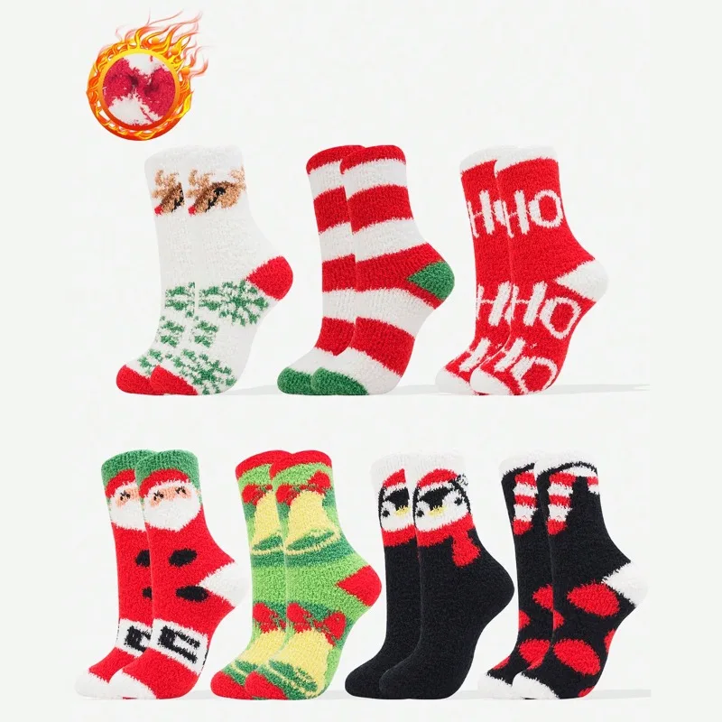 

7 пар осенне-зимних новых рождественских коралловых пушистых волосатых носков среднего размера, утепленные теплые носки-тапочки с рисунком животных, 2025 г.