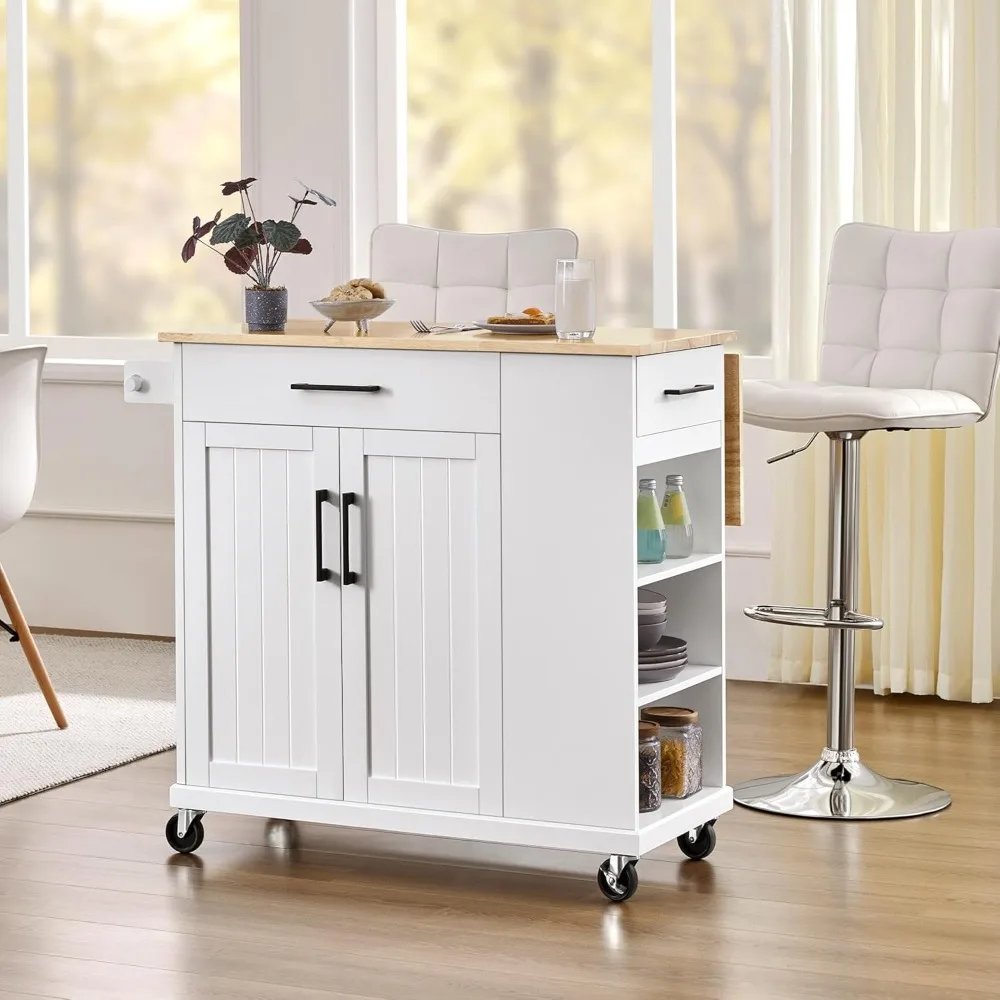 عربة جزيرة المطبخ المتدحرجة مع أوراق متدلية، وبار إفطار من الخشب المطاطي المحمول مع خزانة تخزين، وأرفف مفتوحة #6