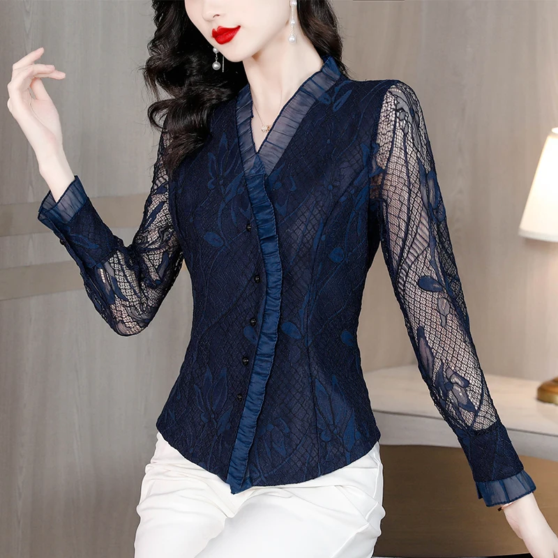 

2023 Spring/Summer New Lace Shirt Top V-neck Long Sleeve Shirt Fashionable Style Small Shirt Hollow out Slim Fit Shirt