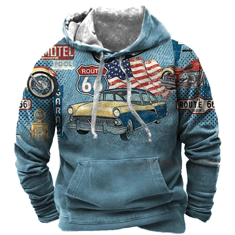 

Vintage Hoodies For Men Print American Top Long Sleeve Oversized Pullovers Tees 66 Route Streetwear Men Clothing Hot Sweatshirt