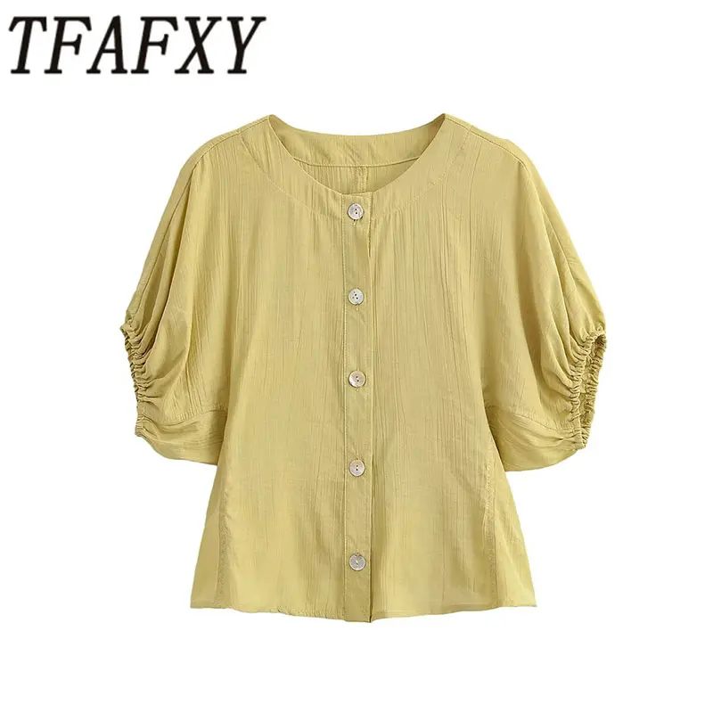 

TFAFXY 2026 Летняя женская повседневная блузка с пышными рукавами на одной пуговице, свободная рубашка, укороченный топ Y2K