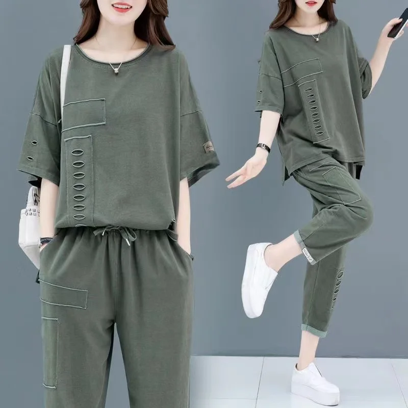 Two Piece Sets Tracksuits Women Summer Clothes Casual Short Sleeve T-shirt Top and Pants Suits Womens Outfits loose