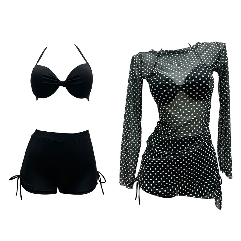 

3PC Hot Sales Black Polka Dot Bikini Set for Women Long Sleeve Cover Up Korean Style Beach Vacation Swimsuit