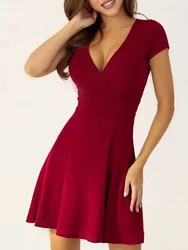 Elegant V-Neck Short Sleeved Mini Dress Women's Solid Color A-Line Dresses Summer Daily Dress