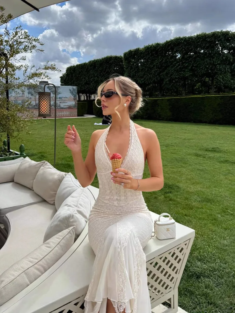 Vestido largo calado con tirantes y cuello colgante, sexy, sin espalda, estilo Retro europeo americano, estético de encaje de verano