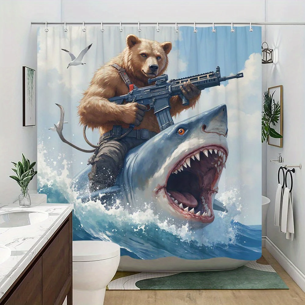 Funny Bear Shooting Shark Shower Curtain Waterproof Bathroom Decor Novelty Art Print
