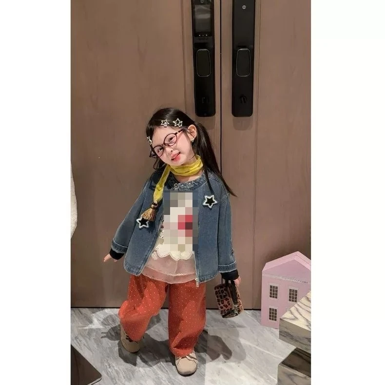 Korean Childrens Wear Fall New Fashion Stylish Vintage Polka Dot Wide Leg Pants Girls Casual Pants Outerwear