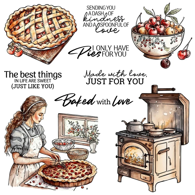 

Women Cooking Pastry Sweet Pies Cutting Dies Clear Stamp DIY Scrapbooking Metal Dies Silicone Stamp For Cards