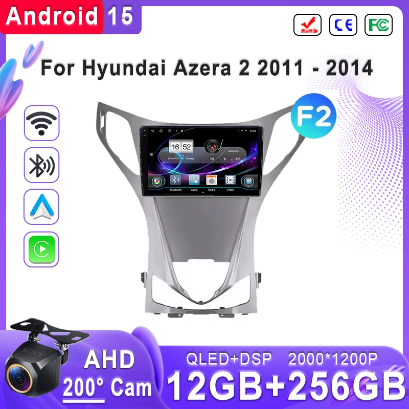 For Hyundai Azera 2 2011 - 2014 Plug & Play Android 15 Screen Stereo Head Unit with GPS Navigation High-Performance CPU DVD 4G