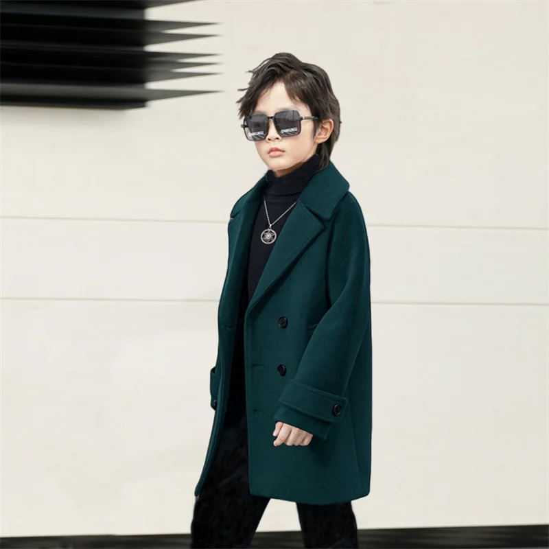 Boys Woolen Coat Overcoat Jacket Windbreak 2024 Black Warm Plus Thicken Autumn Winter Cotton School Children's Clothing