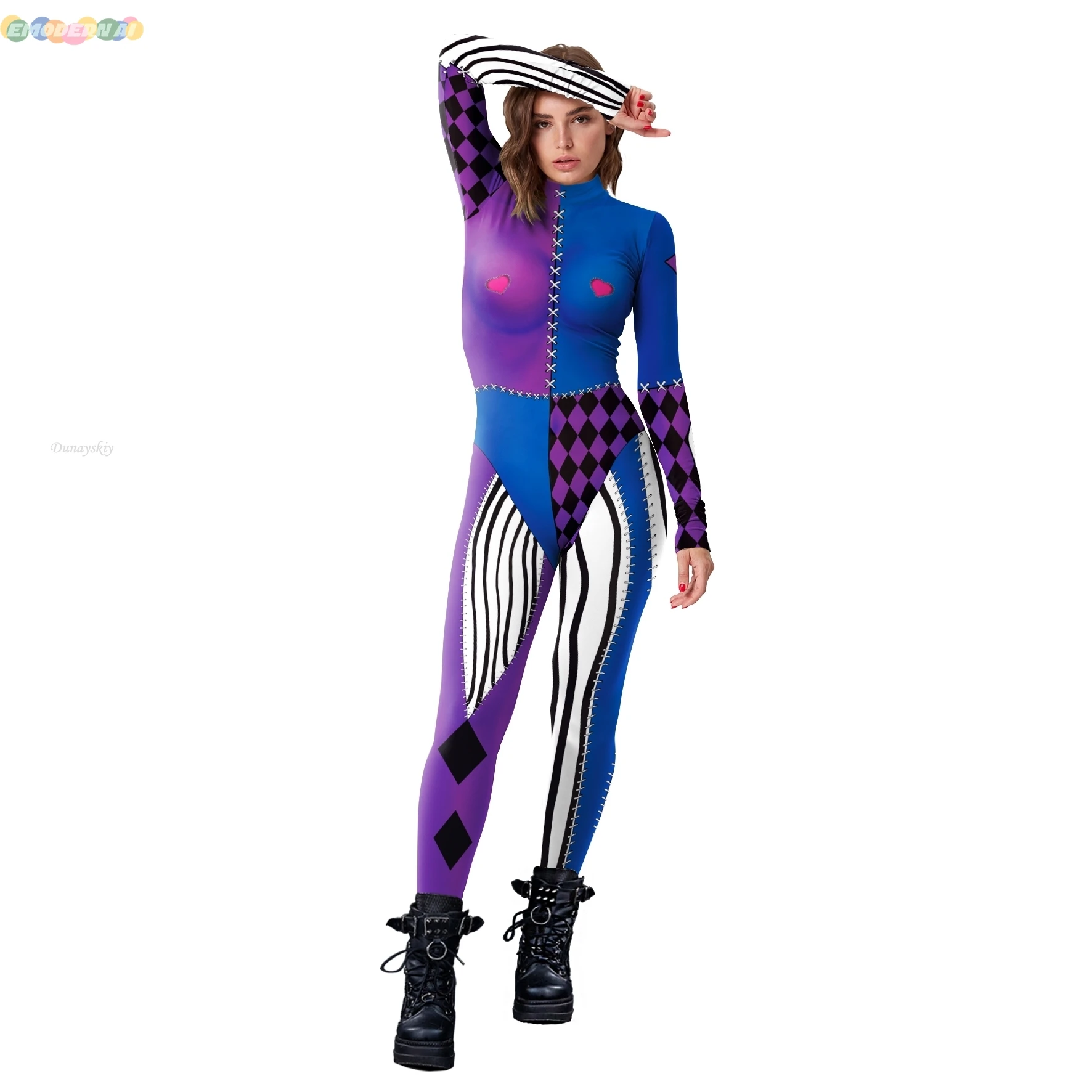 Costume de Cosplay Clown pour Femme, Catsuit, Combinaison d'Halloween, Sexy, Imprimé en 3D, Carnaval de Vacances, Zentai, Batterie, Tenue Féminine