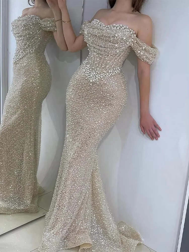 Off the Shoulder brokatowe długie suknie wieczorowe luksusowe syrenka perły zroszony balowa suknia galowa na specjalne okazje dostosowane
