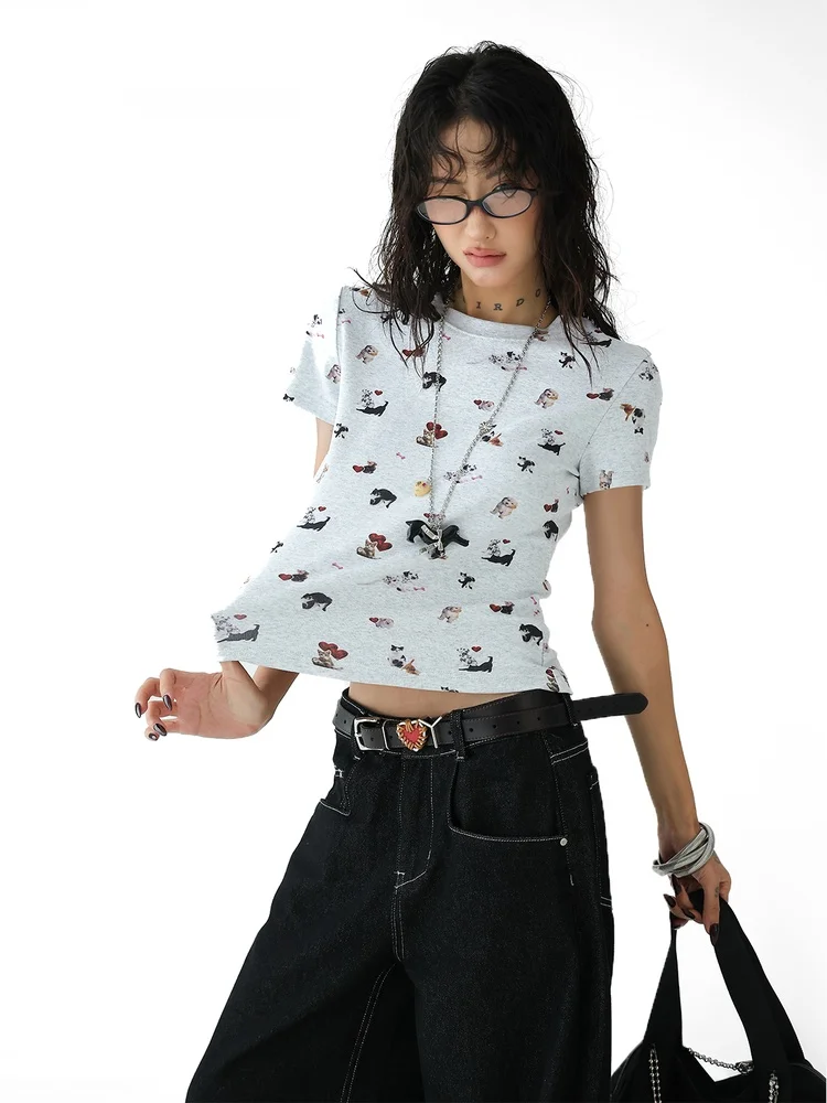 

Летняя футболка AceStudios с мультяшным принтом собаки, женская, приталенная, с открытыми плечами, из смесового хлопка, в уличном стиле