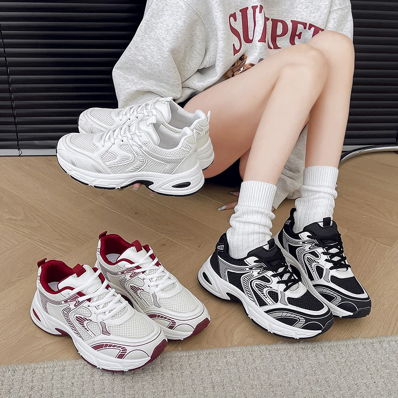 Women Breathable Mesh Chunky Dad Sneakers Round Toe Patch Thick Elevated Shock Absorbing Sole Casual Platform Walking Trainers