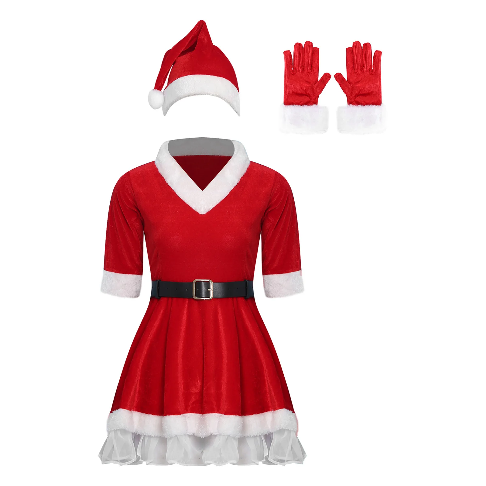 

Women Santa Claus Cosplay Christmas Costume Long Sleeve Velvet Dress Waist Belt Hat Gloves Set for Festival Xmas Party Holiday