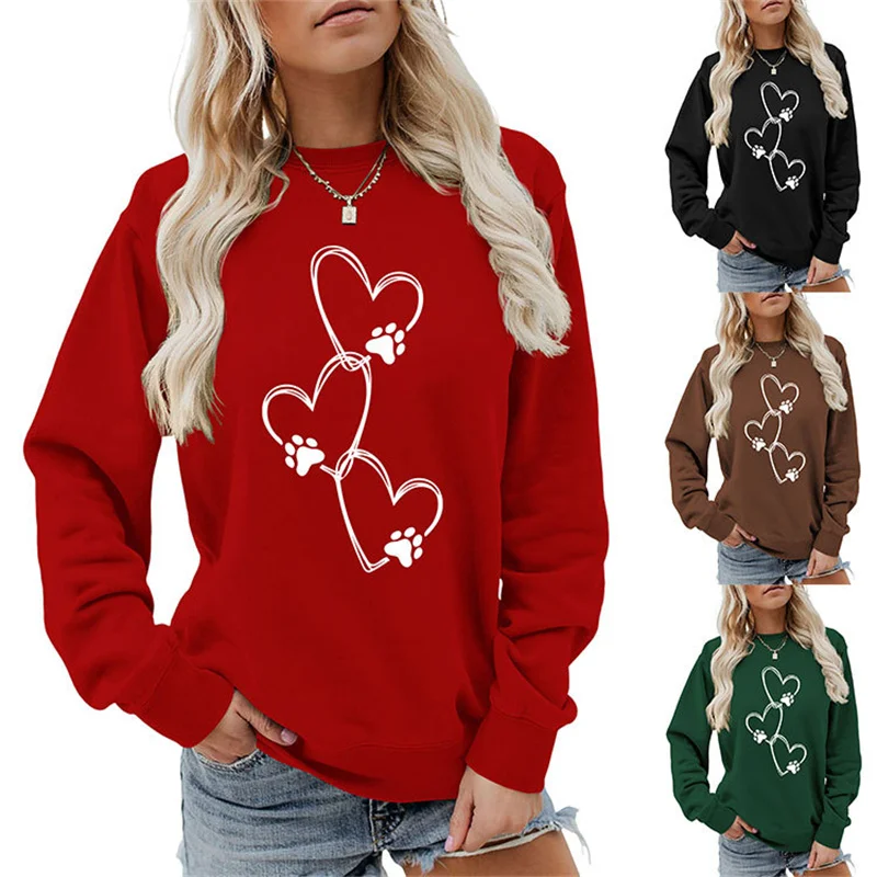 Autumn and winter new fashion simple lines love claw print women's casual vintage round neck all match hoodie