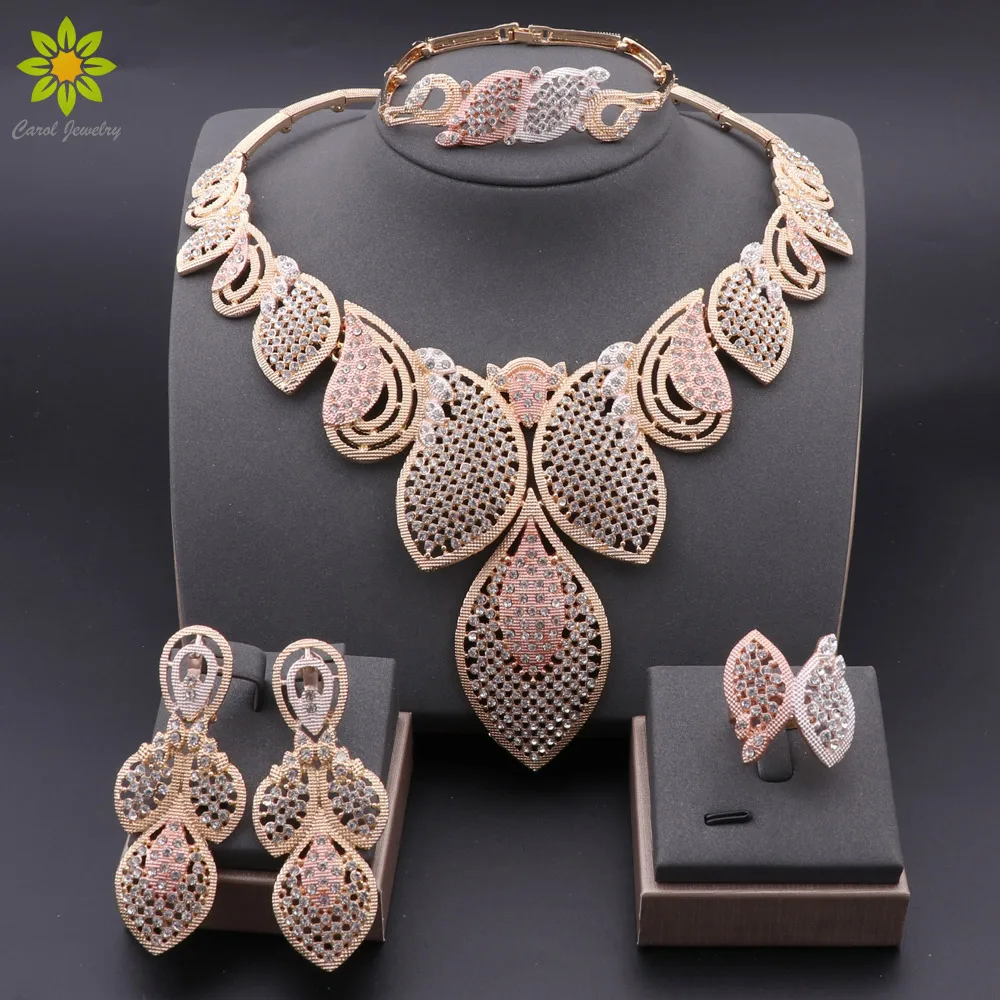 

Dubai Gold Color Jewelry Sets For Women Necklace African Leaves Shape Jewelry Nigerian Bridal Wedding Costume Bracelet Ring Set