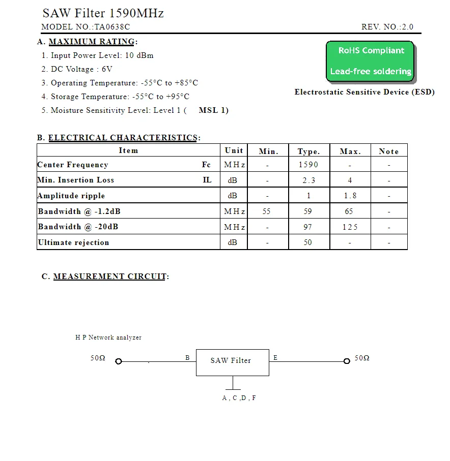 (10 قطعة) TA0638C كود 3T العلامة التجارية الجديدة الأصلية 1590 ميجا هرتز المعبأة SMD SAW مرشح في المخزون