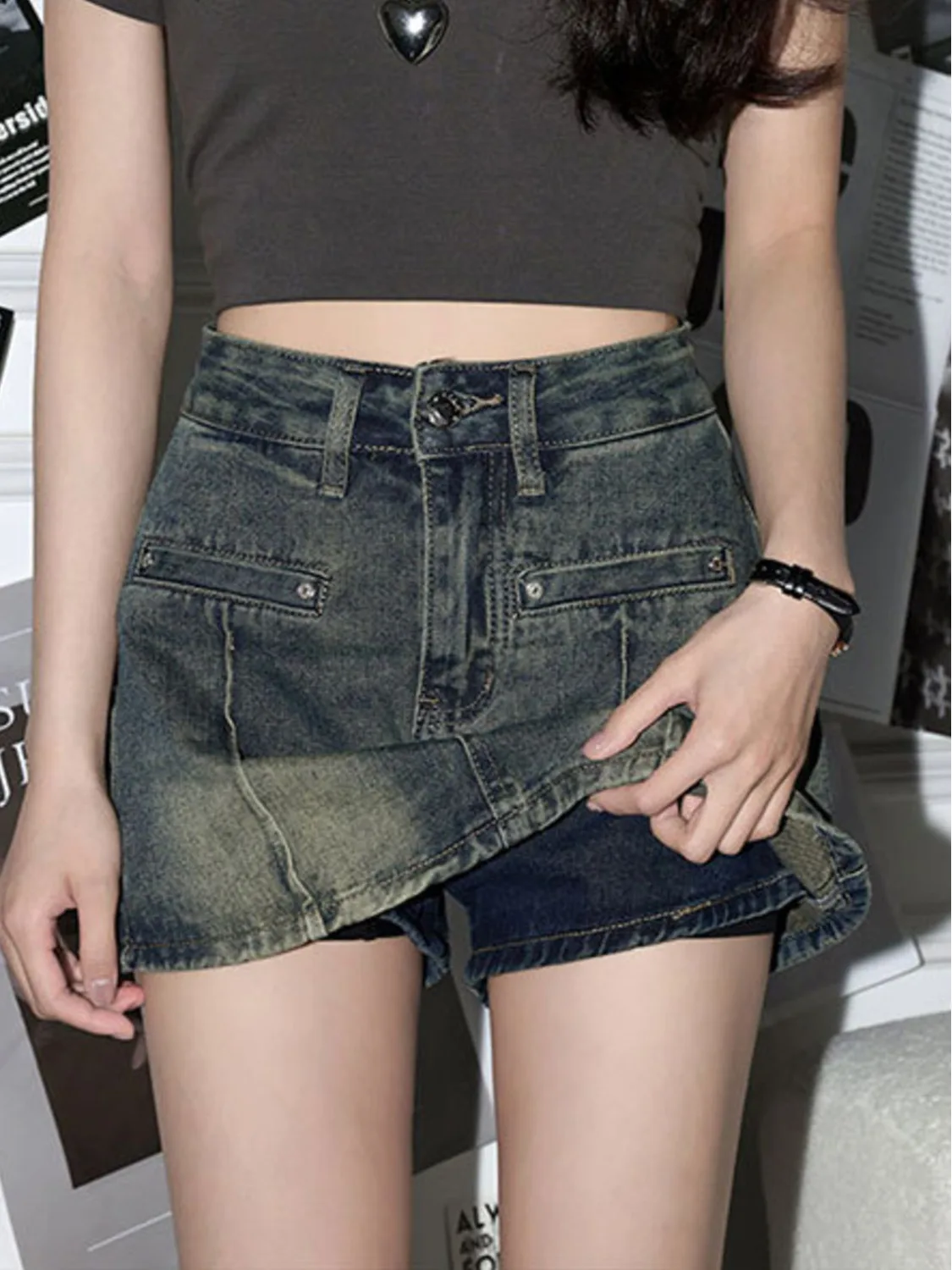 

Women's Vintage Wash Denim Skort High Waist Distressed Y2K Skirt Shorts Rivet Pocket