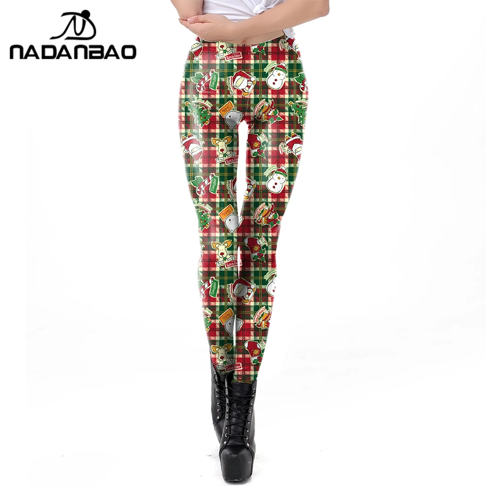 Legginsy Nadanbao z wzorem Świętego Mikołaja i bałwana, czerwono-zielone spodnie w kratę dla kobiet, spodnie na przyjęcie świąteczne, legginsy codzienne z średnim stanem.
