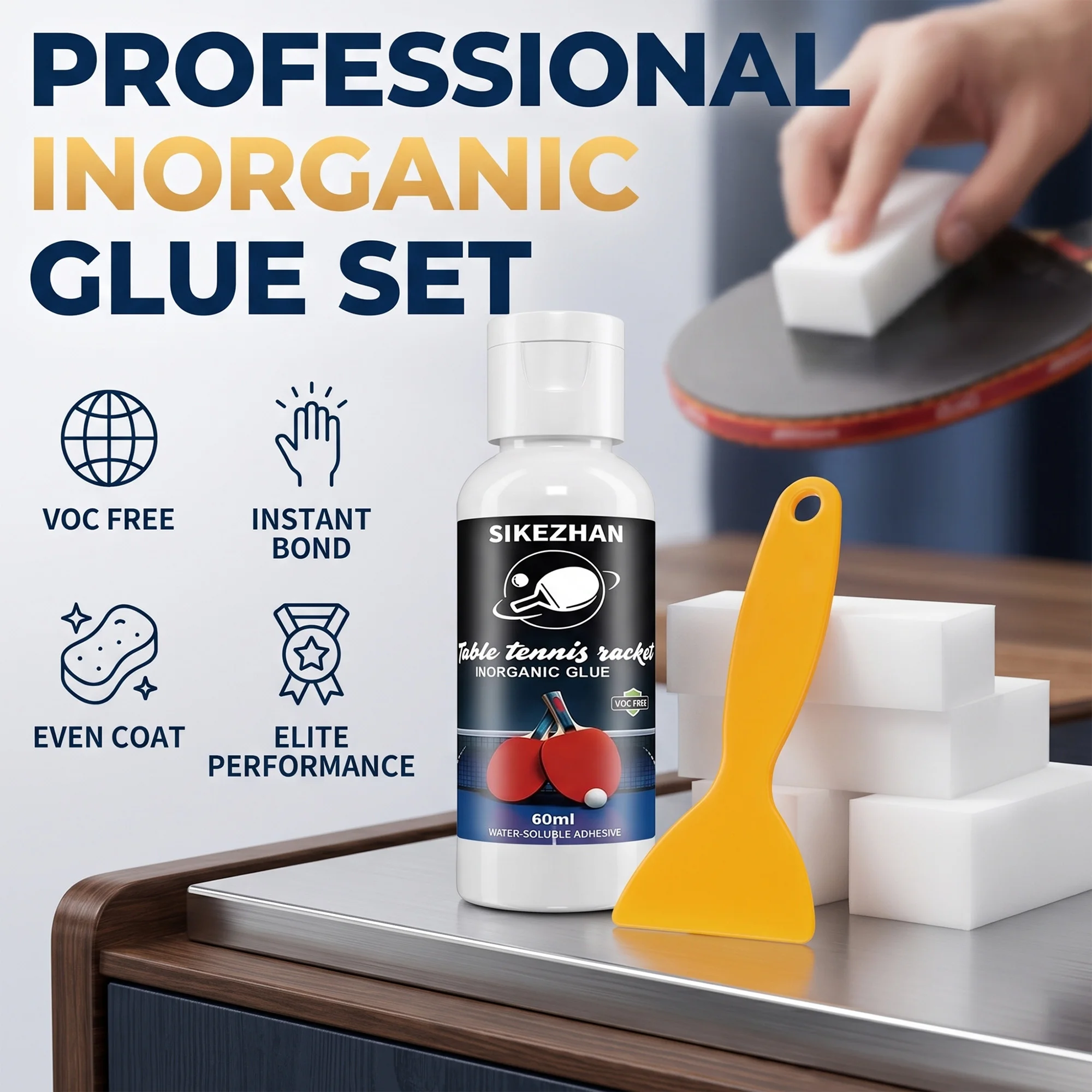 SIKEZHAN 60ml Table Tennis Paddle Glue Kit with Sponges & Scraper, Non Toxic Strong Ping Pong Rubber Adhesive for Blade Repair
