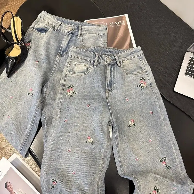 Retro flower embroidered jeans women's retro national style 2024 winter high waist loose narrow version wide leg floor pants