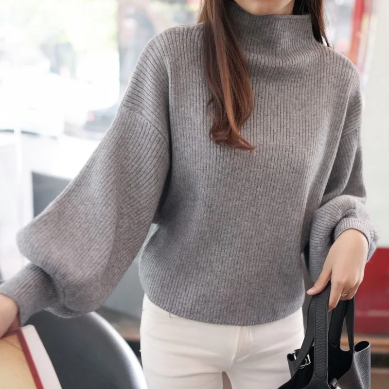 Autumn and winter new Korean version half neck base slimming knitted sweater loose bat shirt pullover lantern sleeve for women