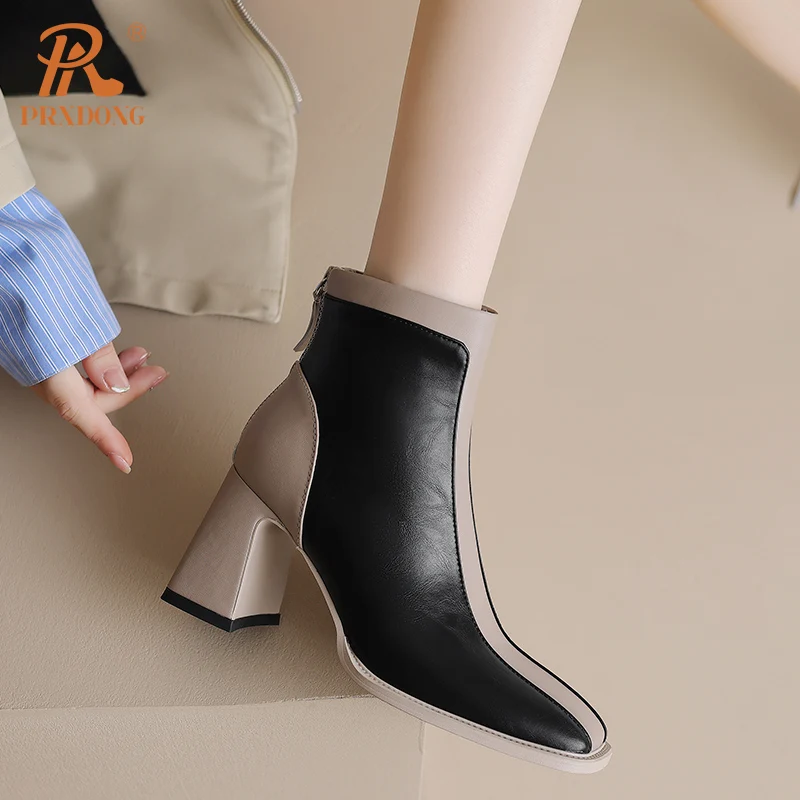 PRXDONG Genuine Leather Autumn WInter Warm ANkle Boots Square Heels Black Brown Zipper Dress Party Office Lady Shoes Size 34-39