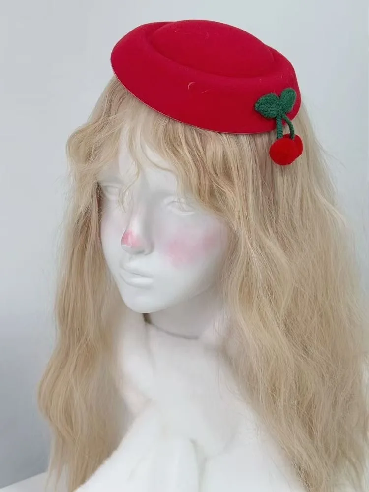Retro Elegant Small Red Hat With Cherry Hair Clip Lady Party Hair Clip Lolita Subculture Janpanese Style Hairpin for Girl