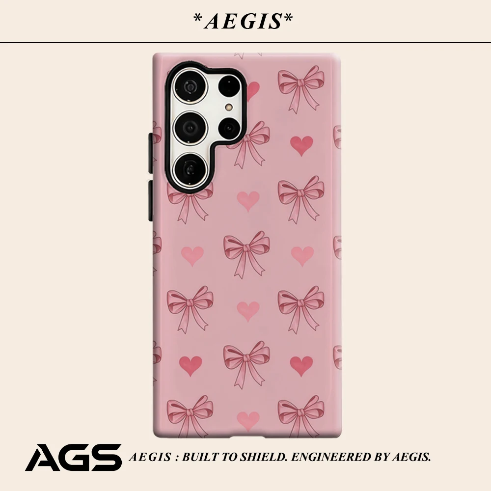 Pink Bow Hearts Phone Case for Samsung Galaxy S25 Ultra S24 S23 Ultra Plus Glossy Double-layer Back Cover