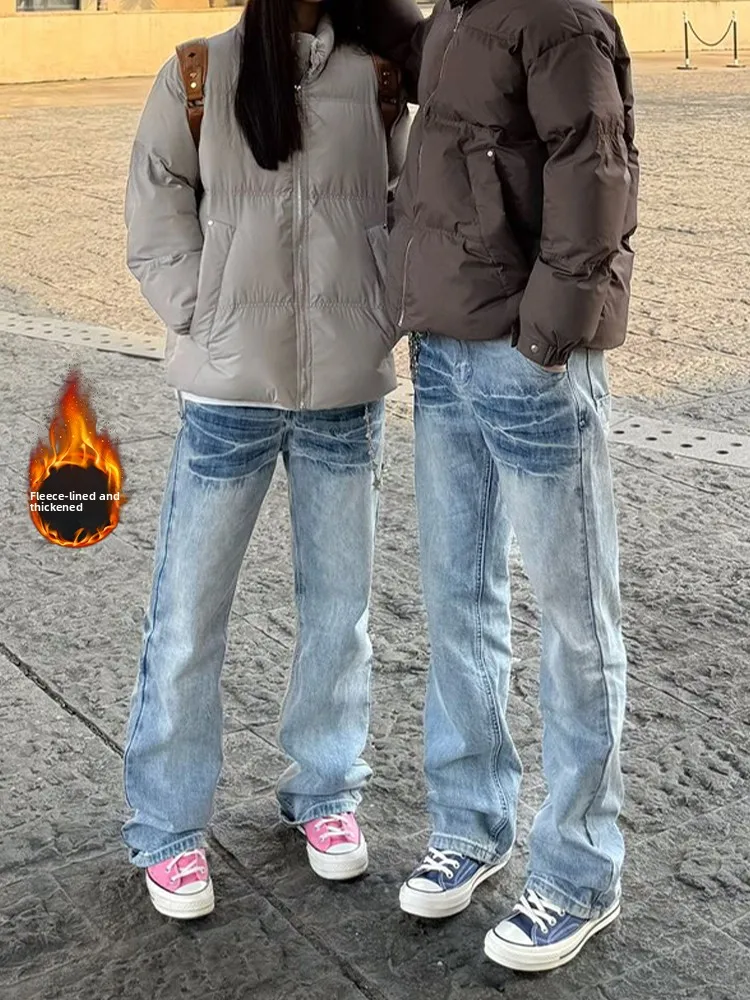 

Waed Lightning Blue Fce Lined Straight Leg Jeans Men's High Street Sle Winter Casual Wear Stand Fit Vintage Jeans