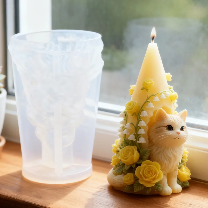 Conical Relief Cat Flower Candle Silicone Mold DIY Kitten Shape Handmade Aromatherapy Candle Gypsum Soap Epoxy Resin Making Mold