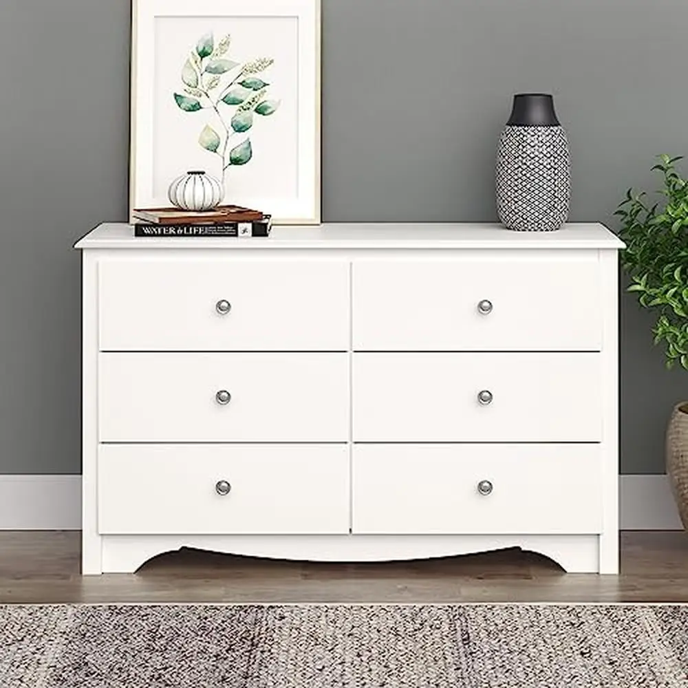 6-Drawer Bedroom Dresser Storage Space Home Organization White Wood 16"D x 48"W x 29"H Contemporary Design North America