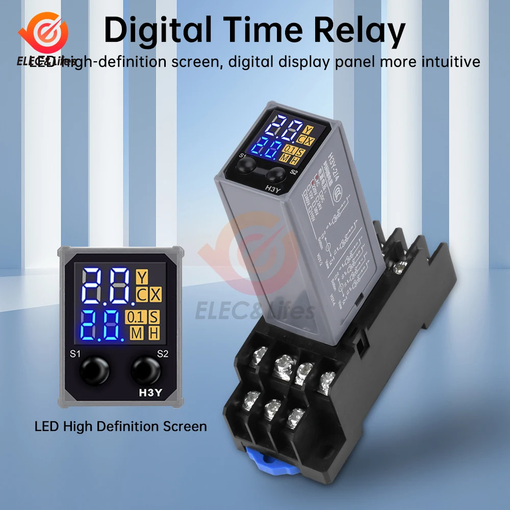 Delay Timer H3Y-4 DC 12V 24V AC 220V With Base Adjustable LCD Digital Display Time Relay Dual Time Cycle Time Control Delayer