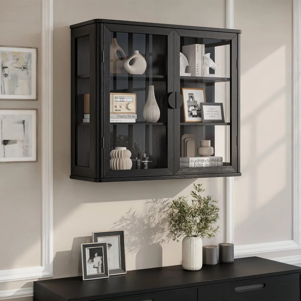 

28’’W Wall Cabinet with Tempered Glass Doors, Bathroom Cabinet Wall Mount, Kitchen Wall Cabinet, Floating Cabinet for Ba