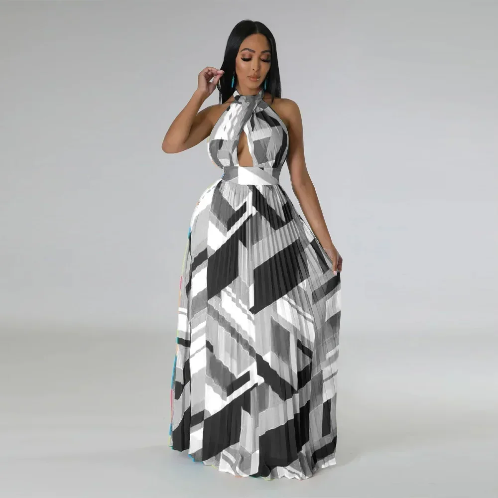 Lady Casual luźna, wiązana na szyi, plisowana sukienka z odkrytymi plecami, damska modny nadruk, bez rękawów, plażowa sukienka Boho, elegancka, długa sukienka na ramiączkach