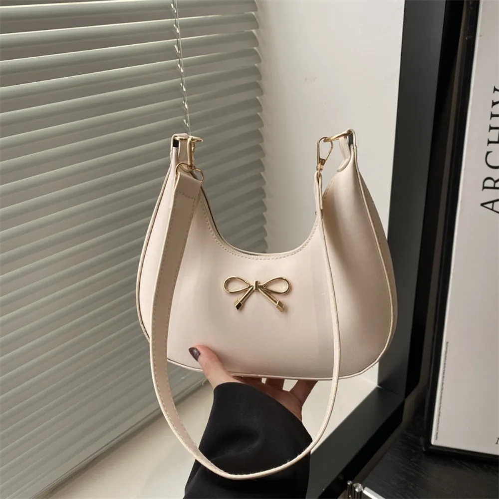 

Simple Korean Style Bow Shoulder Bag Handbag PU Leather Crescent Bag Large Capacity Pure Color Crossbody Bag Girls