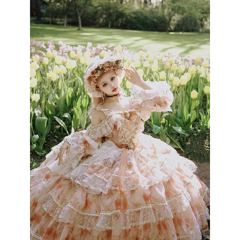 DY20 페어리 스타일 정교한 레이스 플라워 오프숄더 슬림 드레스 여성용 빅토리아풍 로리타 드레스 스위트 볼 가운 할로윈 D